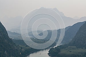 Panoramic view over Nam Ou river close to Nong Khiaw village, Laos