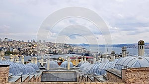 Panoramic view over The Golden Horn bay, the Bosporus inlet, Istanbul, Turkey, over Suleymaniye Mosque.