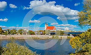 Panoramic view over historical downtown, Elbe river, old city in Magdeburg and Church of Saint Jochannis Jochanniskirche in