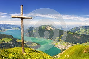 Panoramic view over lake Lucerne and the Swiss Alps.