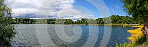 Panoramic view over the lake in the public park Pildammsparken in MalmÃ¶, Sweden, during a summer day when clouds are building up