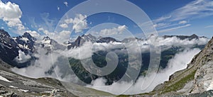 Panoramic view over the Lauterbrunnen Valley in Switzerland seen from the climb to the Silberhornhutte