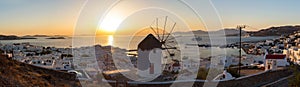 Panoramic view over Mykonos town at sunset