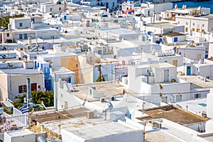 Panoramic view over Mykonos town with white architecture, Greece