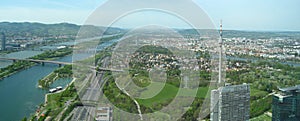 Panoramic view over north eastern part of Vienna, Austria with Danube river