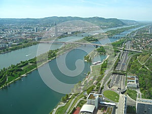 Panoramic view over north eastern part of Vienna, Austria with Danube river