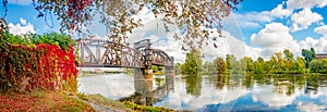 Panoramic view over an old railway metal rusty bridge in red ivy leaves over Elbe river in downtown of Magdeburg in Autumn colors