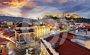 Panoramic view over the old town of Athens and the Parthenon Temple of the Acropolis during sunrise