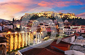 Panoramic view over the old town of Athens and the Parthenon Temple of the Acropolis during sunrise