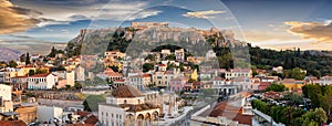 Panoramic view over the old town of Athens and the Parthenon Temple of the Acropolis