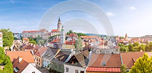 Panoramic view over the old Town of Cesky Krumlov, Czech Republi