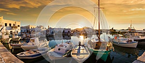 Panoramic view over the picturesque harbour of Naousa on the island of Paros