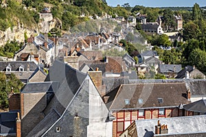 Panoramic view over roofs toward historic city center of Amboise, Loire valley, France.