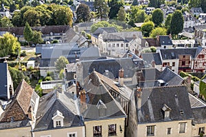 Panoramic view over roofs toward historic city center of Amboise, Loire valley, France.