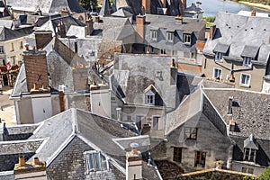 Panoramic view over roofs toward historic city center of Amboise, Loire valley, France.