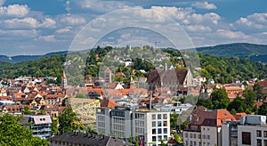 Panoramic view over SchwÃ¤bisch GmÃ¼nd with Five button tower FÃ¼nfknopfturm, King tower KÃ¶nigsturm, Holy Cross cathedral