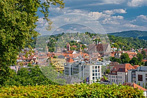 Panoramic view over SchwÃ¤bisch GmÃ¼nd with Five button tower FÃ¼nfknopfturm, King tower KÃ¶nigsturm, Holy Cross cathedral