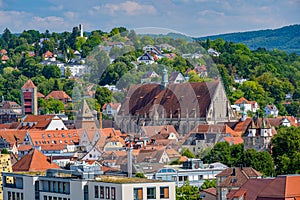 Panoramic view over SchwÃ¤bisch GmÃ¼nd with Five button tower FÃ¼nfknopfturm, King tower KÃ¶nigsturm, Holy Cross cathedral