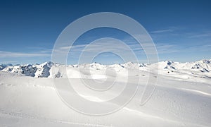 Panoramic view over a snowy mountain range