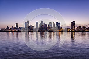 Panoramic view over the Thames river to the skyline of the financial district Canary Wharf