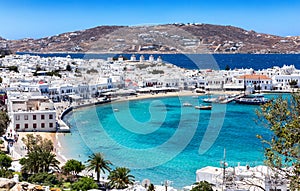 Panoramic view over the town and old harbor of Mykonos