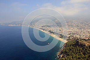Panoramic view over turkish Alanya city and Mediterranean sea