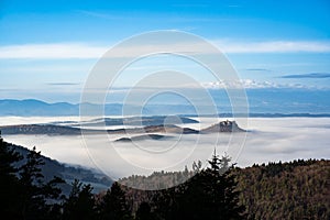 Panoramic view over the valley with fog and castle on the hill. Spisky Hrad, Slovakia