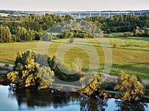 Panoramic view over the valley of the Ruhr in Muelheim in the evening sun