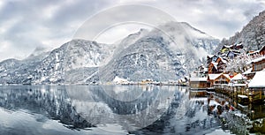 Panoramic view over village and lake of Hallstatt in the Austrian Alps