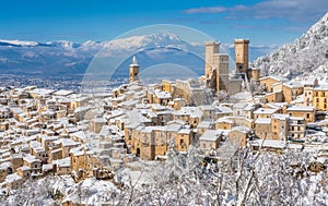 Panoramic view of Pacentro covered in snow during winter season. Abruzzo, Italy. photo