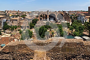 Panoramic view from Palatine Hill to ruins of Roman Forum in city of Rome, Italy