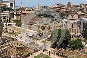 Panoramic view from Palatine Hill to ruins of Roman Forum in city of Rome, Italy