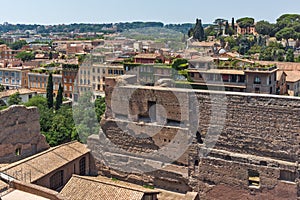 Panoramic view from Palatine Hill to ruins of Roman Forum in city of Rome, Italy