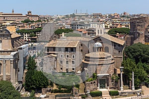 Panoramic view from Palatine Hill to ruins of Roman Forum in city of Rome, Italy