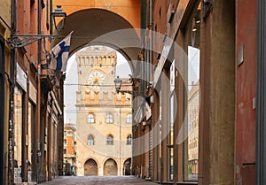 Panoramic view of Palazzo dâ€™Accursio Town Hall clock tower. Bologna, Italy