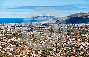 Panoramic view of Palermo city and mediterranean sea coast around.