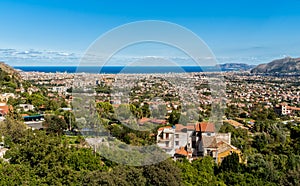 Panoramic view of Palermo city and mediterranean sea coast around from Monreale, Sicily.