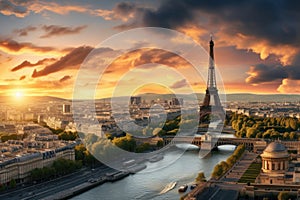 Panoramic view of Paris from Eiffel Tower at sunset, France, Aerial panoramic view of Paris with the Eiffel Tower during sunset in
