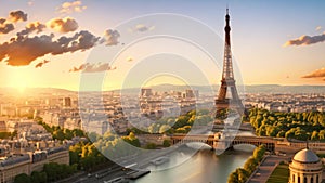 Panoramic view of Paris from Eiffel Tower at sunset, France, Aerial panoramic view of Paris with the Eiffel Tower during sunset in