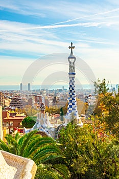 Panoramic view of Park Guell in Barcelona, Catalunya Spain