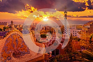 Panoramic view of Park Guell in Barcelona at sunset, Catalunya Spain