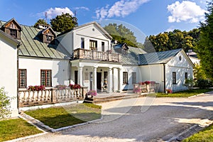 Panoramic view of park and historic museum manor house of Mikolaj Rej, polish renaissance poet and writer in Naglowice, Poland