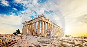 Panoramic view of the Parthenon at sunset
