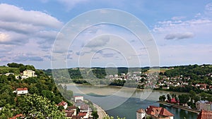 Panoramic view of Passau. Aerial skyline of old town from Veste Oberhaus castle . Confluence of three rivers Danube, Inn