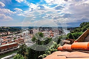 Panoramic view of Passau. Aerial skyline of old town from Veste Oberhaus castle . Confluence of three rivers Danube, Inn
