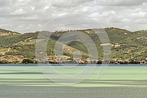 Panoramic view of Passignano sul Trasimeno from Castiglione del Lago, Umbria, Italy