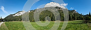 Panoramatický výhľad na vrch Muráň v Národnom parku Belianske Tatry s lúkou a lesom, Slovensko