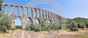 Panoramic view at the Pegões Aqueduct or Convento de Cristo Aqueduct, a portuguese monument in Tomar city, Pegões Valley