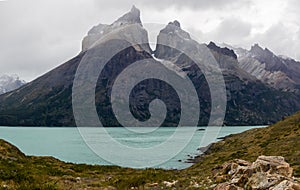 Panoramic view of Pehoe lake in Torres del Paine national park