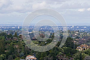 Panoramic view of the Peninsula on a cloudy day; view towards Los Altos, Palo Alto, Menlo Park, Silicon Valley and Dumbarton